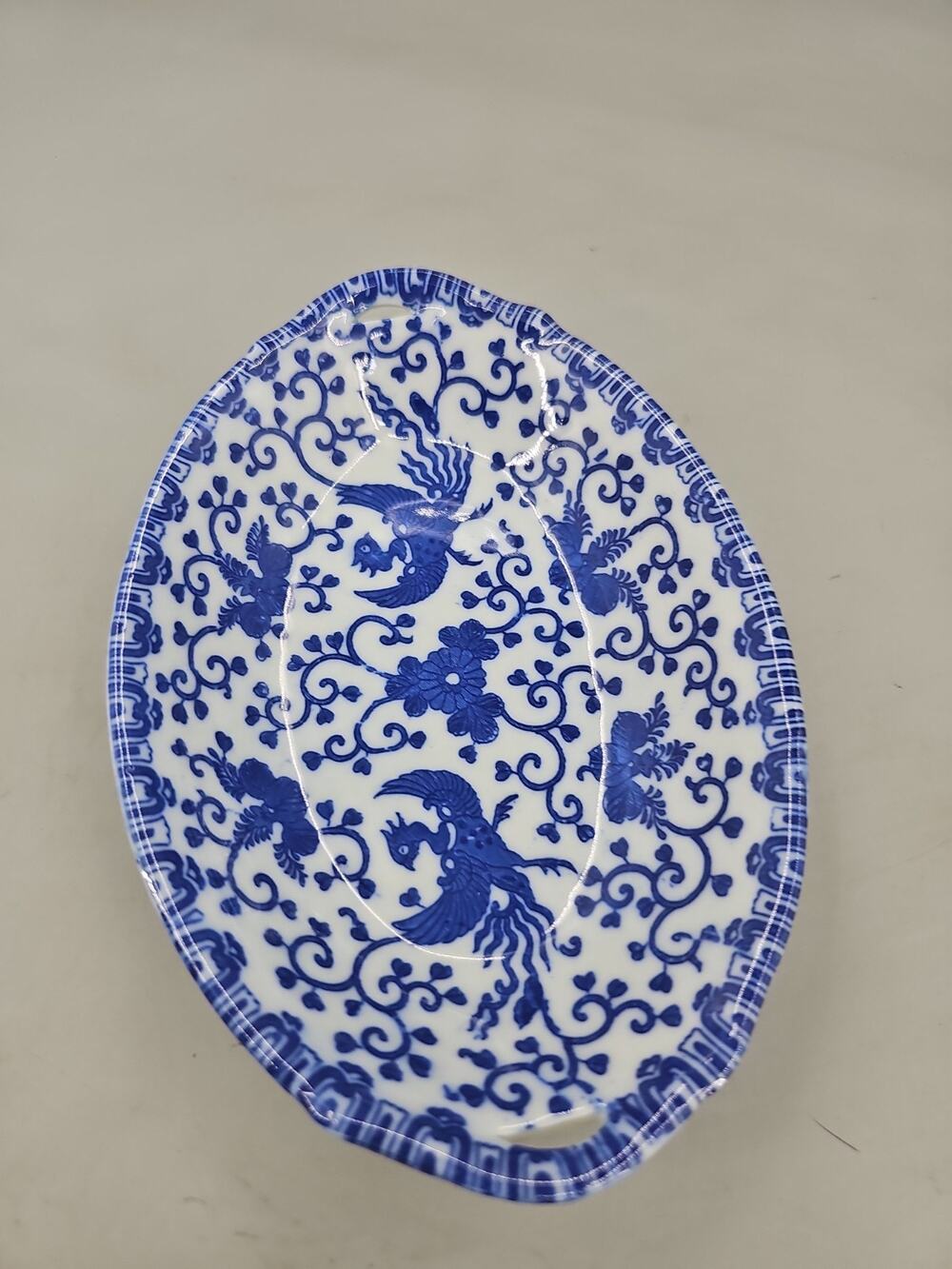 Vtg Japan Blue White Phoenix Flying Turkey Serving Bowl Dish Porcelain China
